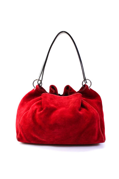 Kate Spade Womens Drawstring Suede Shoulder Bag Tote Handbag Red Black