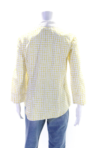 Lafayette 148 Womens Grid Print Button Up Shirt Blouse Yellow White Size 4
