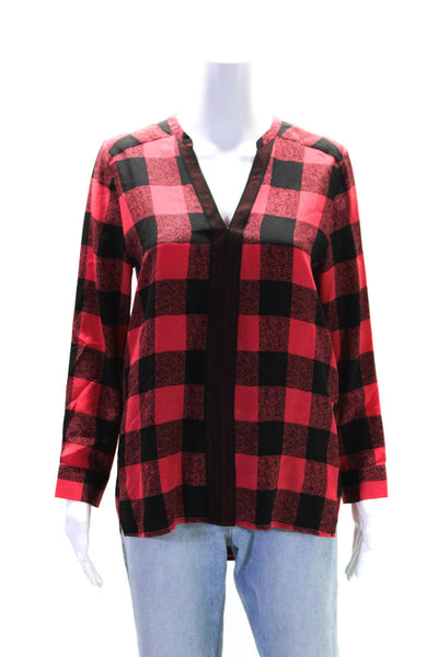 Sandro Paris Womens Silk Check Print V-Neck Long Sleeve Blouse Top Red Size 1