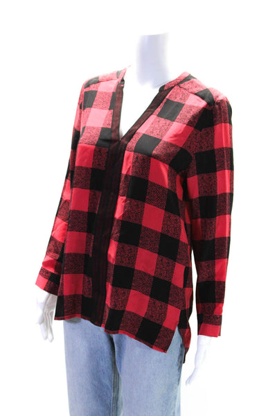 Sandro Paris Womens Silk Check Print V-Neck Long Sleeve Blouse Top Red Size 1