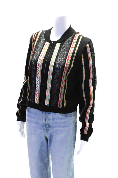 Alice + Olivia Womens Lace Trim Striped Zip Up Cardigan Sweater Black Size M