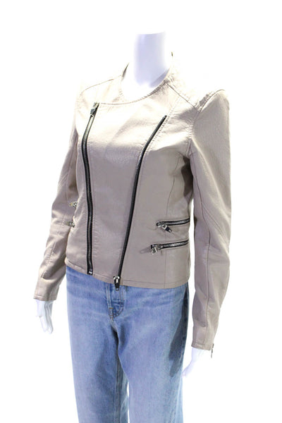 BLANKNYC Womens Vegan Leather Round Neck Long Sleeve Jacket Beige Size S