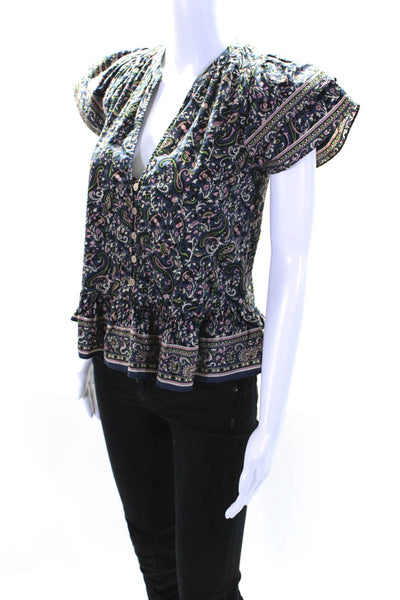 Veronica Beard Womens Cotton Floral Short Sleeve Button Up Blouse Navy Size 0