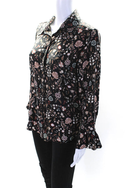 Frame Womens Button Front Collared Floral Silk Shirt Black Multi Size Large