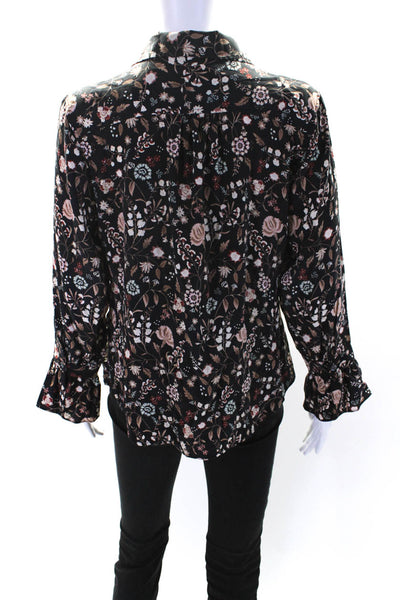 Frame Womens Button Front Collared Floral Silk Shirt Black Multi Size Large
