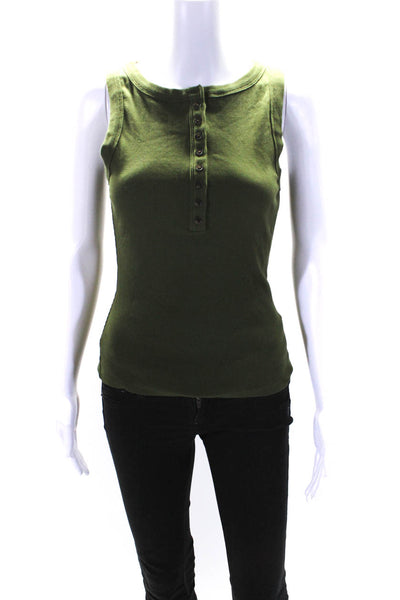 Sezane Womens Cotton Ribbed Round Neck Button Up Pullover Tank Top Green Size S