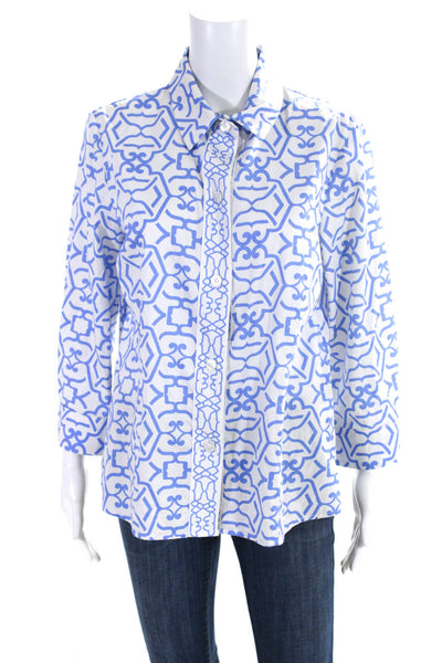 Patty Kim Womens Cotton Abstract Printed Collared Blouse Top White Blue Size M