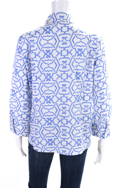 Patty Kim Womens Cotton Abstract Printed Collared Blouse Top White Blue Size M
