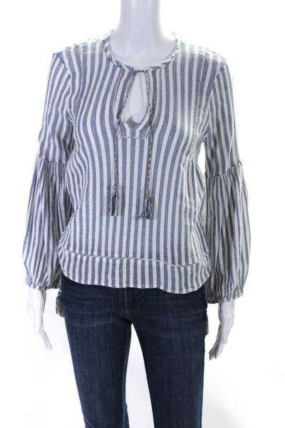 Ulla Johnson Women's Round Neck Long Sleeves Tassel Blouse Blue Stripe Size 0