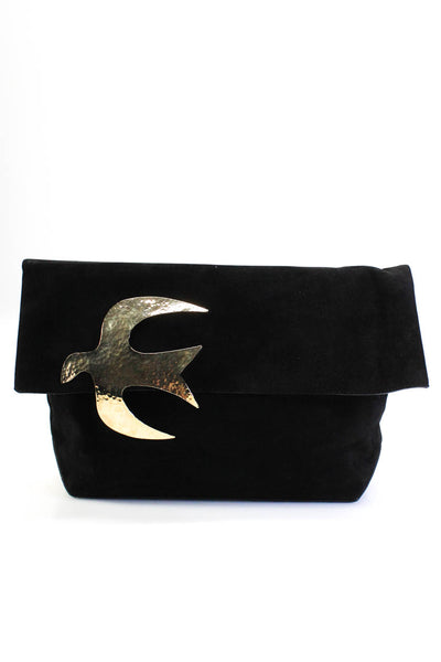 Nina Ricci Womens Metal Bird Applique Fold Over Suede Flat Clutch Handbag Black