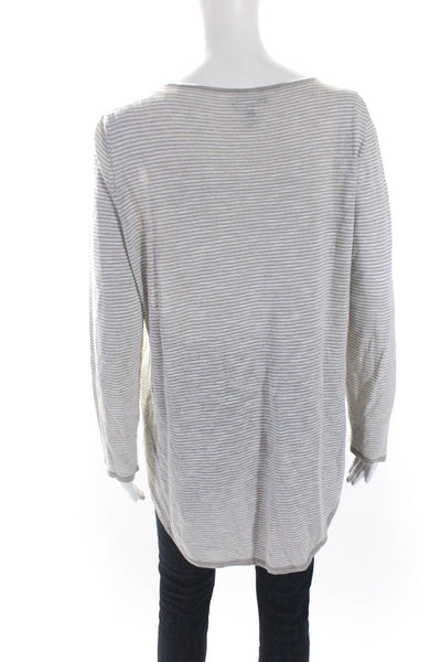 Eileen Fisher Womens Organic Linen Striped Sweater Beige White Size Medium