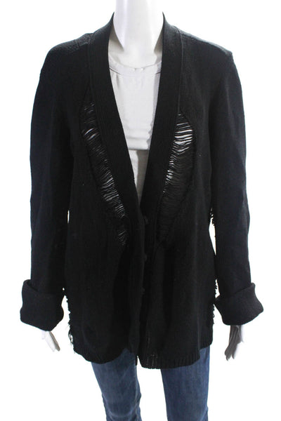 Altuzarra Womens Distressed V Neck Snap Cardigan Sweater Black Wool Size 10
