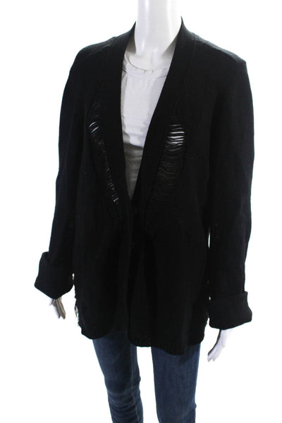 Altuzarra Womens Distressed V Neck Snap Cardigan Sweater Black Wool Size 10