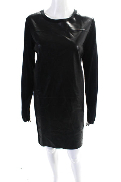 Vince Womens Wool + Leather Knit Round Neck Long Sleeve Dress Black Size L