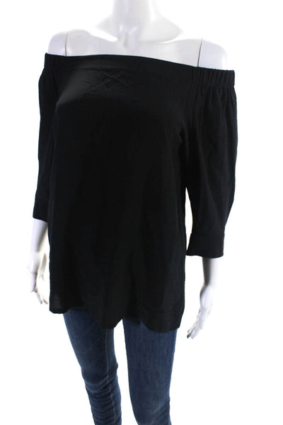 Theory Womens Silk Georgette 3/4 Sleeve Off The Shoulder Blouse Top Black Size P