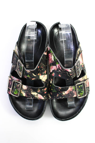 Givenchy Womens Double Strap Floral Print Slide Leather Black Size 6.5
