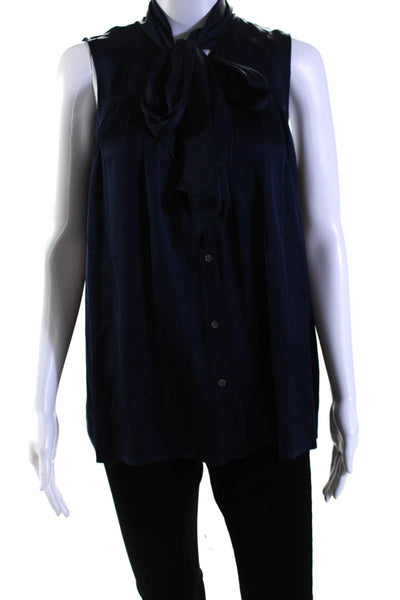 Theory Womens Silk Charmeuse Tie Mock Neck Sleeveless Button Up Top Blue Size M