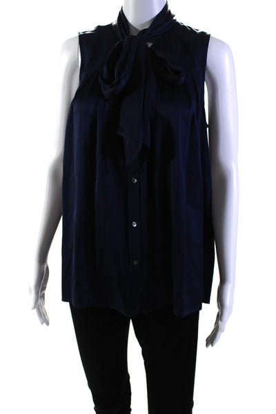 Theory Womens Silk Charmeuse Tie Mock Neck Sleeveless Button Up Top Blue Size M