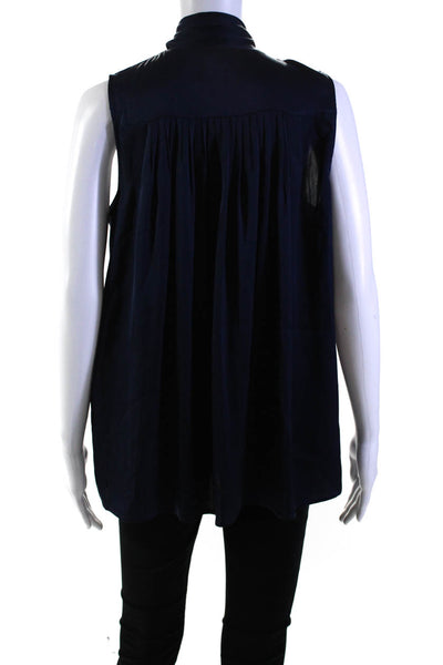 Theory Womens Silk Charmeuse Tie Mock Neck Sleeveless Button Up Top Blue Size M