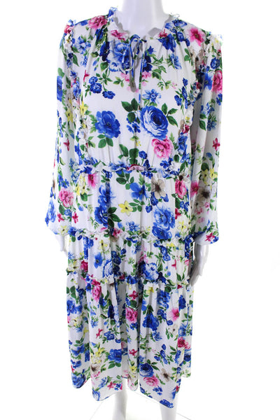 Tahari Women's Ruffle Neck Long Sleeves Tiered Floral Maxi Dress Size 8