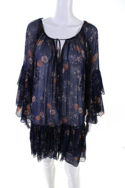 Free People Womens Round Neck Long Sleeves Ruffle Tiered Floral Mini Dress Size