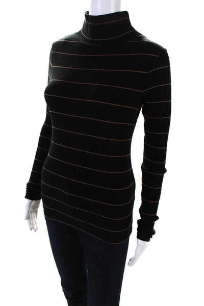 Vince Womens Cotton Stretch Knit Striped High Neck Long Sleeve Top Black Size S