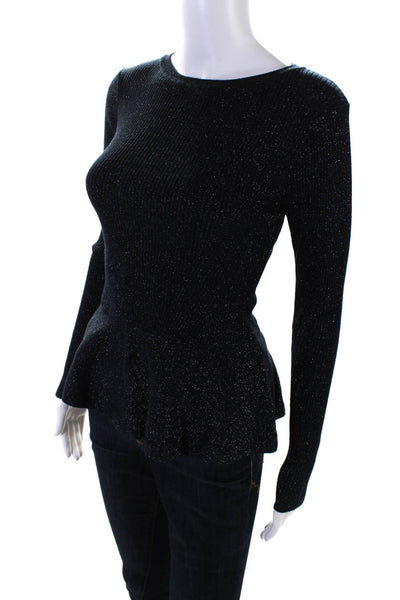 Massimo Dutti Womens Metallic Knit Long Sleeve Peplum Blouse Top Navy Size S