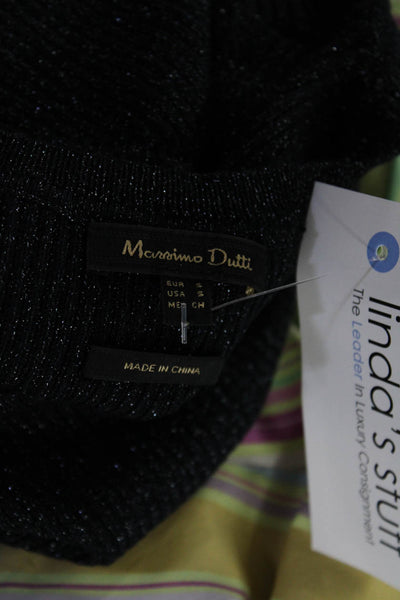 Massimo Dutti Womens Metallic Knit Long Sleeve Peplum Blouse Top Navy Size S