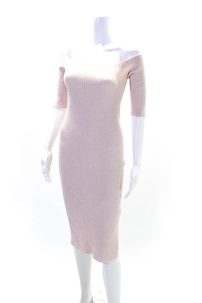 Helmut Lang Womens Ribbed Knit Long Sleeve Off The Shoulder Dress Pink Size S