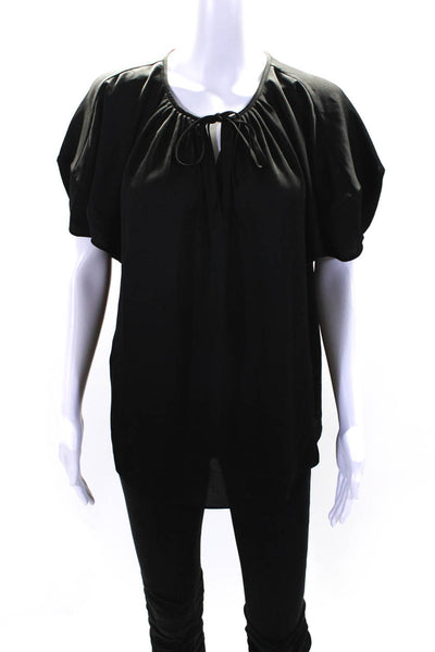 Lafayette 148 New York Women's Tie Neck Short Sleeves Dressy Blouse Black Size M