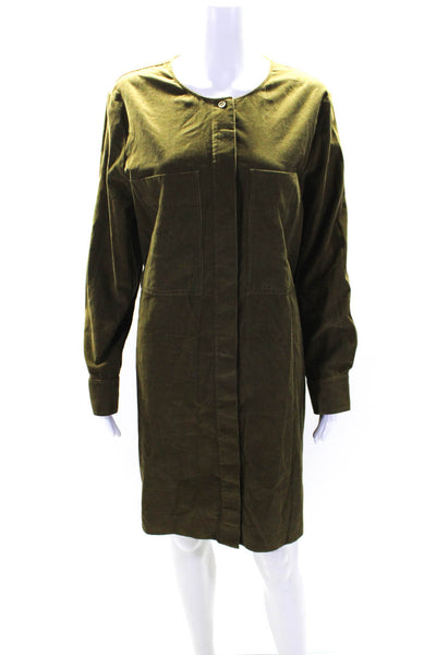 COS Womens Button Front Long Sleeve V Neck Corduroy Dress Green Cotton Size 12