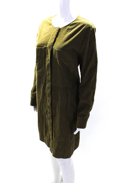 COS Womens Button Front Long Sleeve V Neck Corduroy Dress Green Cotton Size 12