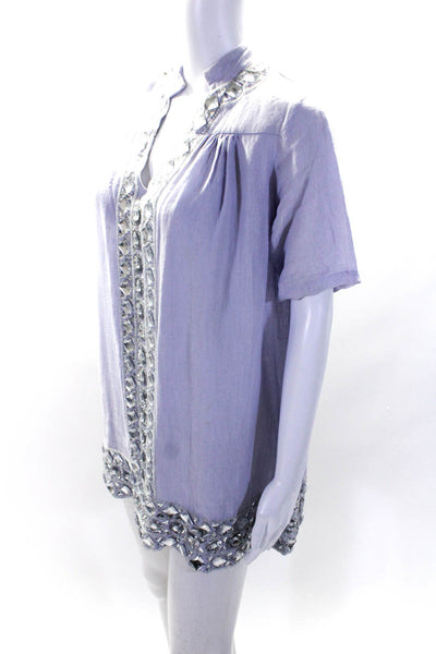 Roberta Freymann Womens Short Sleeve Crystal Beaded Trim Linen Top Purple Medium
