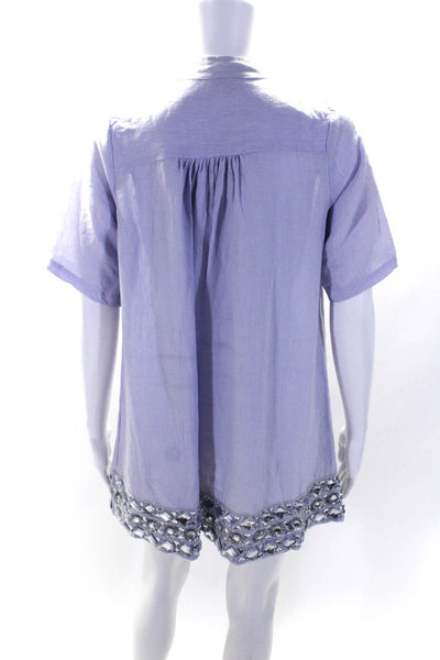 Roberta Freymann Womens Short Sleeve Crystal Beaded Trim Linen Top Purple Medium