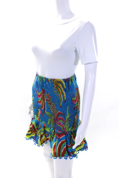 Farm Rio Womens Smocked Pineapple Ruffled A Line Skirt Blue Multi Linen Size XS