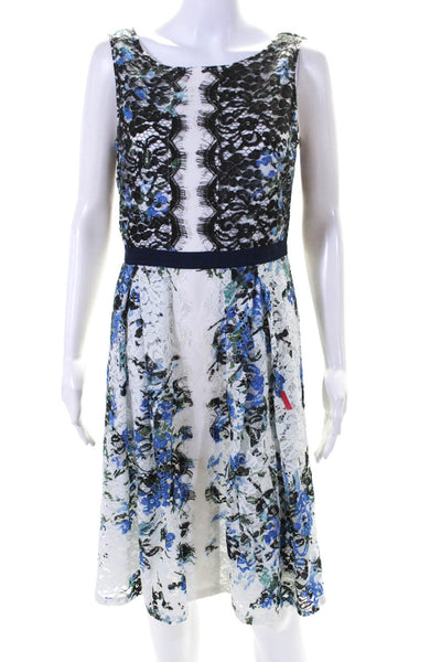 Karl Lagerfeld Womens Floral Lace Sleeveless A Line Dress Blue White Size 4