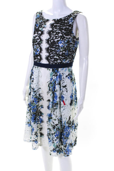 Karl Lagerfeld Womens Floral Lace Sleeveless A Line Dress Blue White Size 4