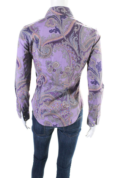 Etro Milano Womens Cotton Paisley Print Button Down Shirt Top Purple Size 40