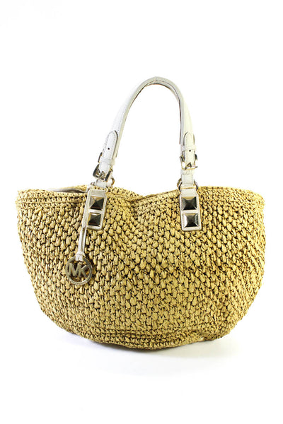 Michael Michael Kors Womens Straw Texture Medallion Snap Button Tote Handbag Tan