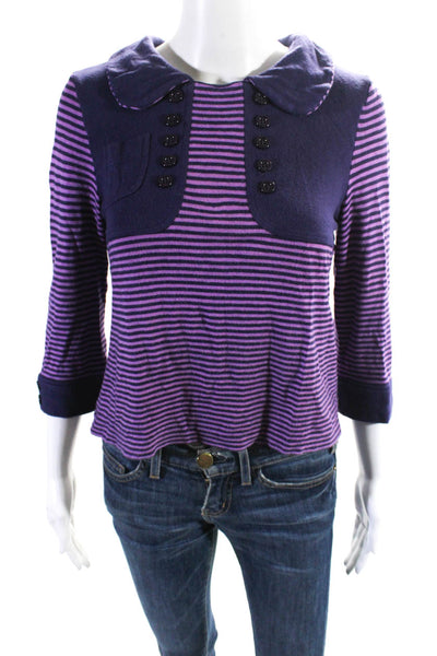 See by Chloe Womens Purple Striped Collar Zip Back Long Sleeve Blouse Top Size 4