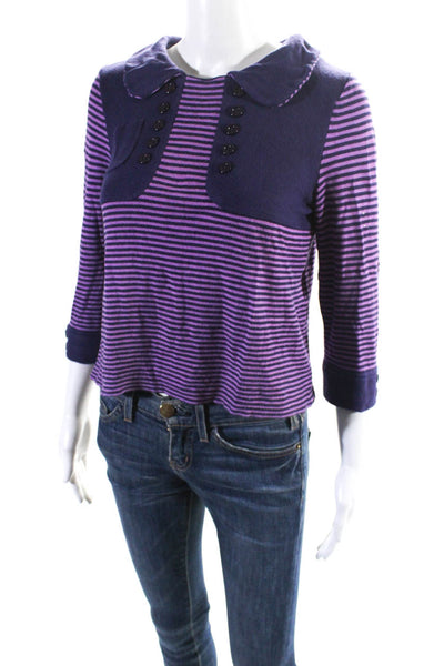 See by Chloe Womens Purple Striped Collar Zip Back Long Sleeve Blouse Top Size 4