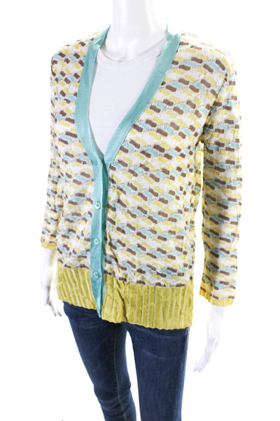 Missoni Womens Yellow Printed V-Neck Long Sleeve Cardigan Sweater Top Size 10