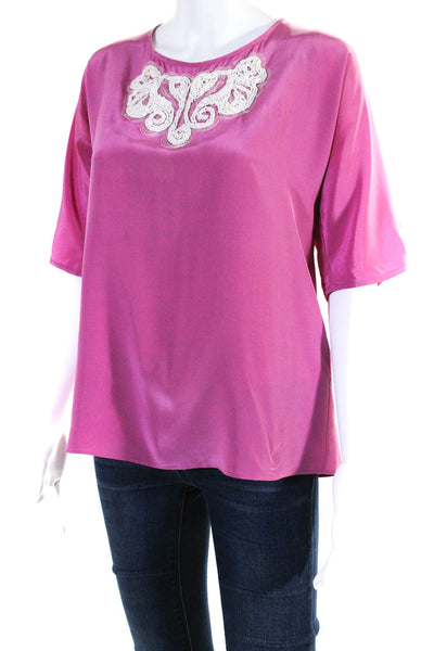 Tibi Womens Silk Embroidered Beaded Tied Short Sleeve Blouse Top Pink Size 6