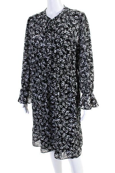 J Crew Womens Floral Print Ruched Button Flounce Long Sleeve Dress Black Size M