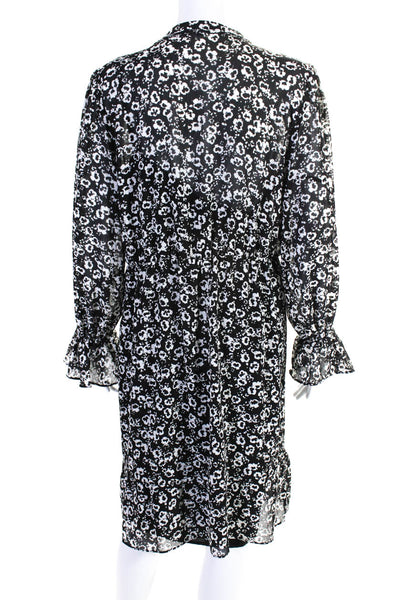 J Crew Womens Floral Print Ruched Button Flounce Long Sleeve Dress Black Size M