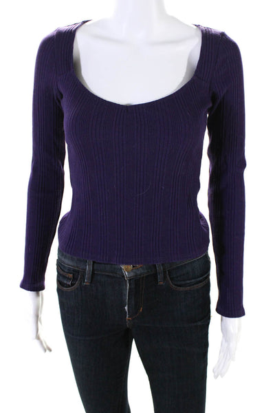 Reformation Womens Purple Ribbed Scoop Neck Long Sleeve Cotton Top Size S