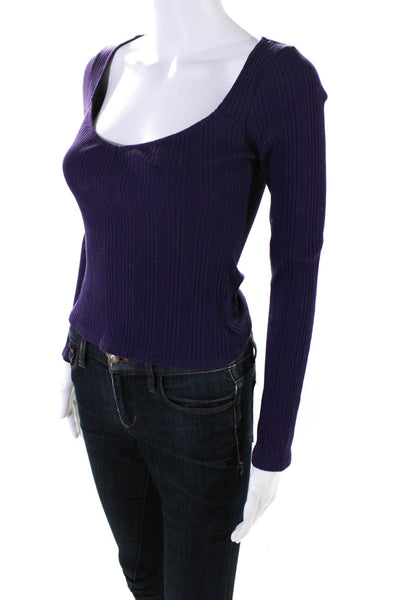 Reformation Womens Purple Ribbed Scoop Neck Long Sleeve Cotton Top Size S