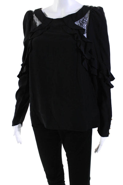 Parker Womens Back Zip Long Sleeve Ruffled Lace Trim Silk Top Black Size Small