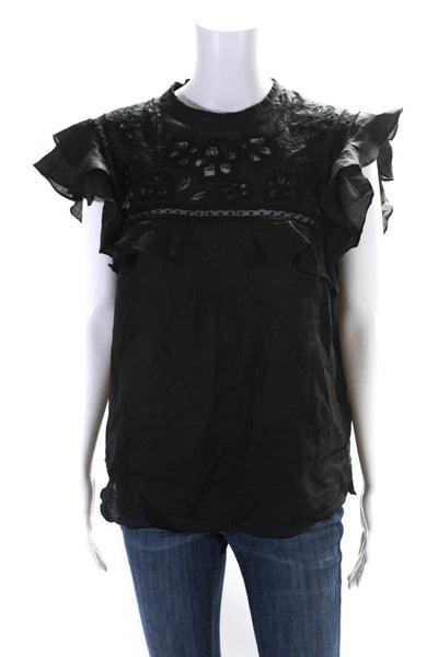 Veronica Beard Womens Floral Embroidered Ruffled Sleeves Blouse Black Size 10