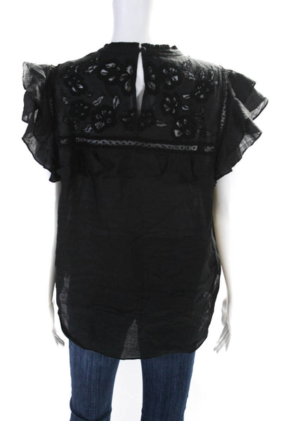 Veronica Beard Womens Floral Embroidered Ruffled Sleeves Blouse Black Size 10